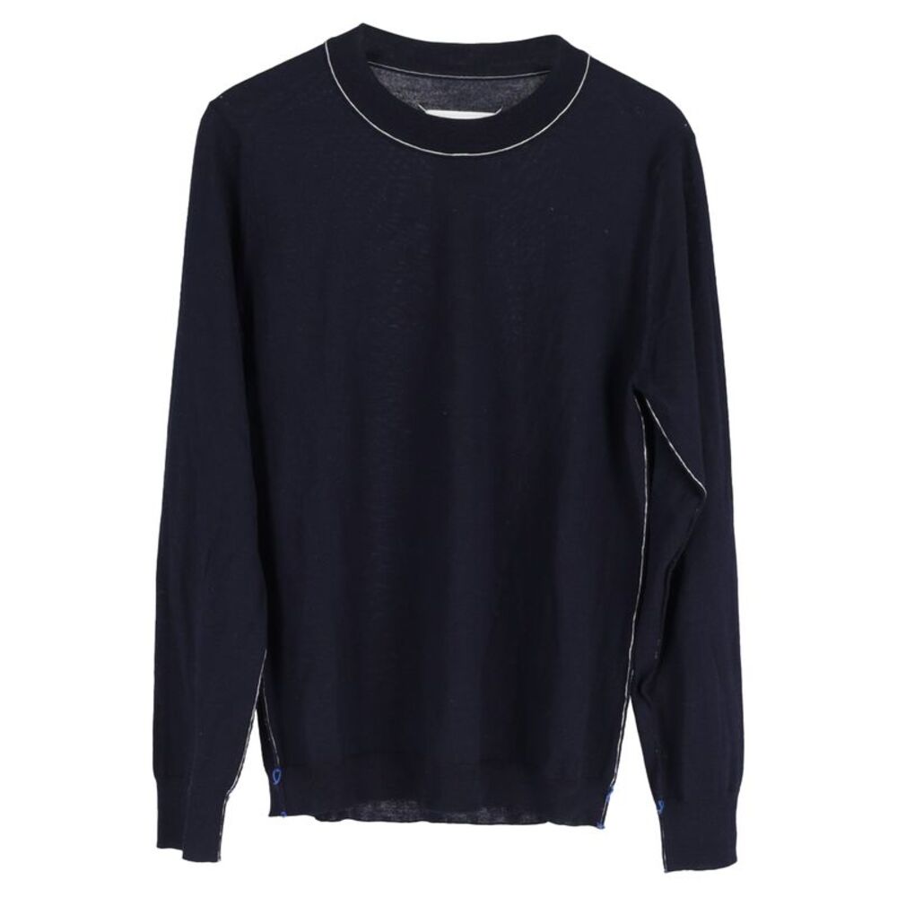 Maison Margiela Knitted Crewneck Sweater in Navy Blue Wool